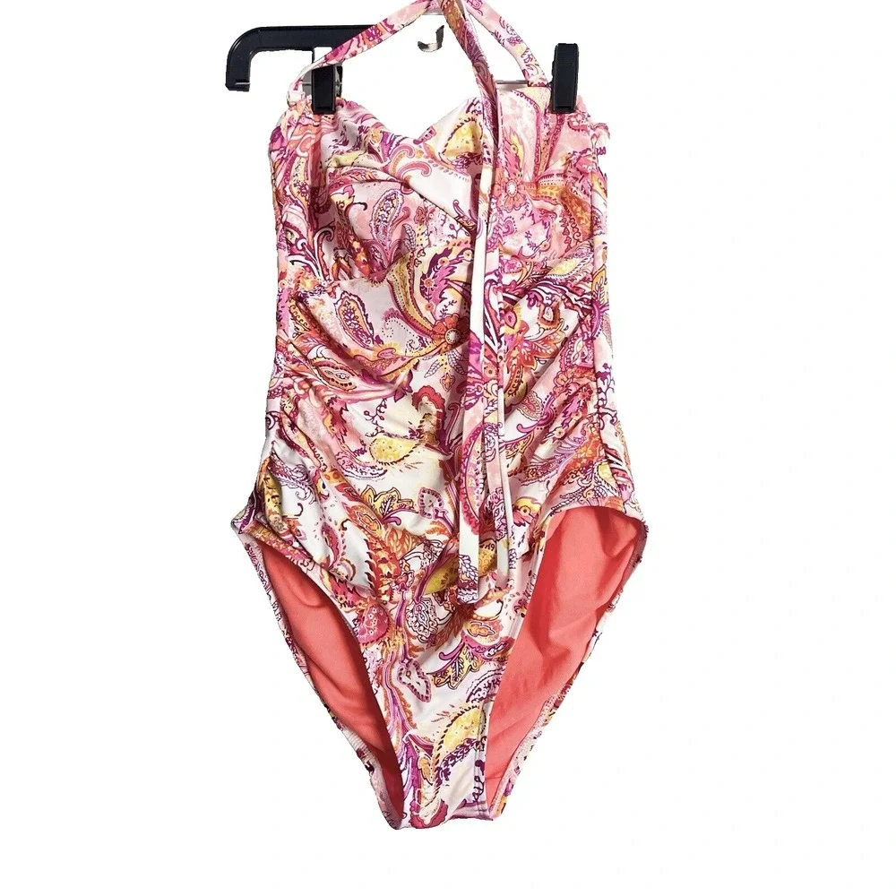 Lauren Ralph Lauren Womens 8 Paisley One Piece Swimsuit Halter Tummy Control